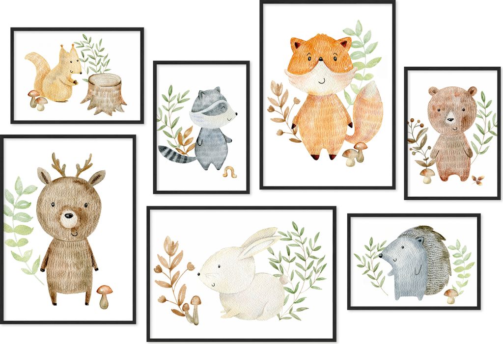 Hyggelig Home Premium Poster Set - 7 passende Bilder OHNE RAHMEN im stilvollen Set - 3 x DIN A3 + 4 x DIN A4 - Set Aquarell Animals