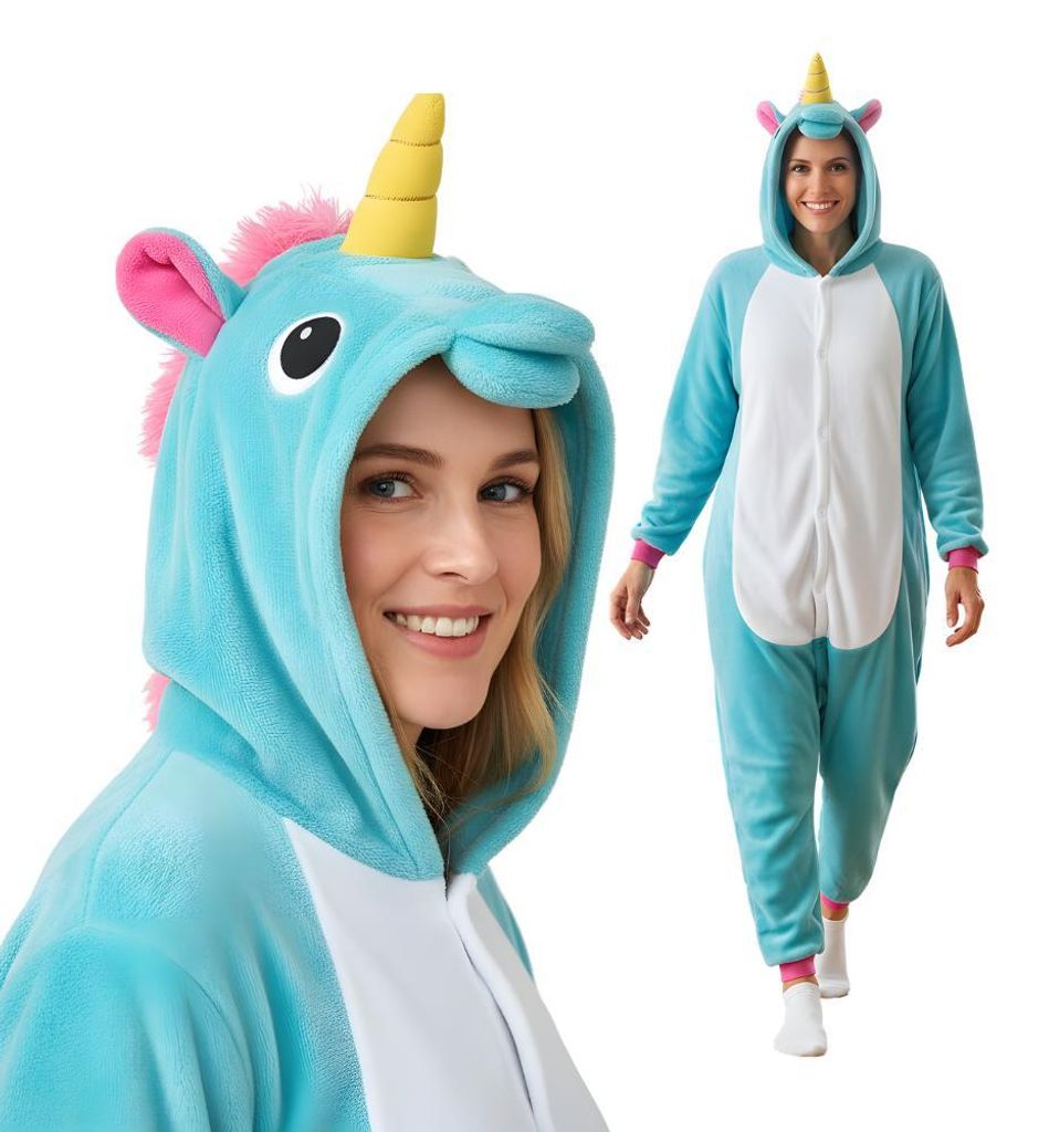 Onesie Kigurumi Pyjama Kostüm für Erwachsene Blaues Einhorn Produktbild 