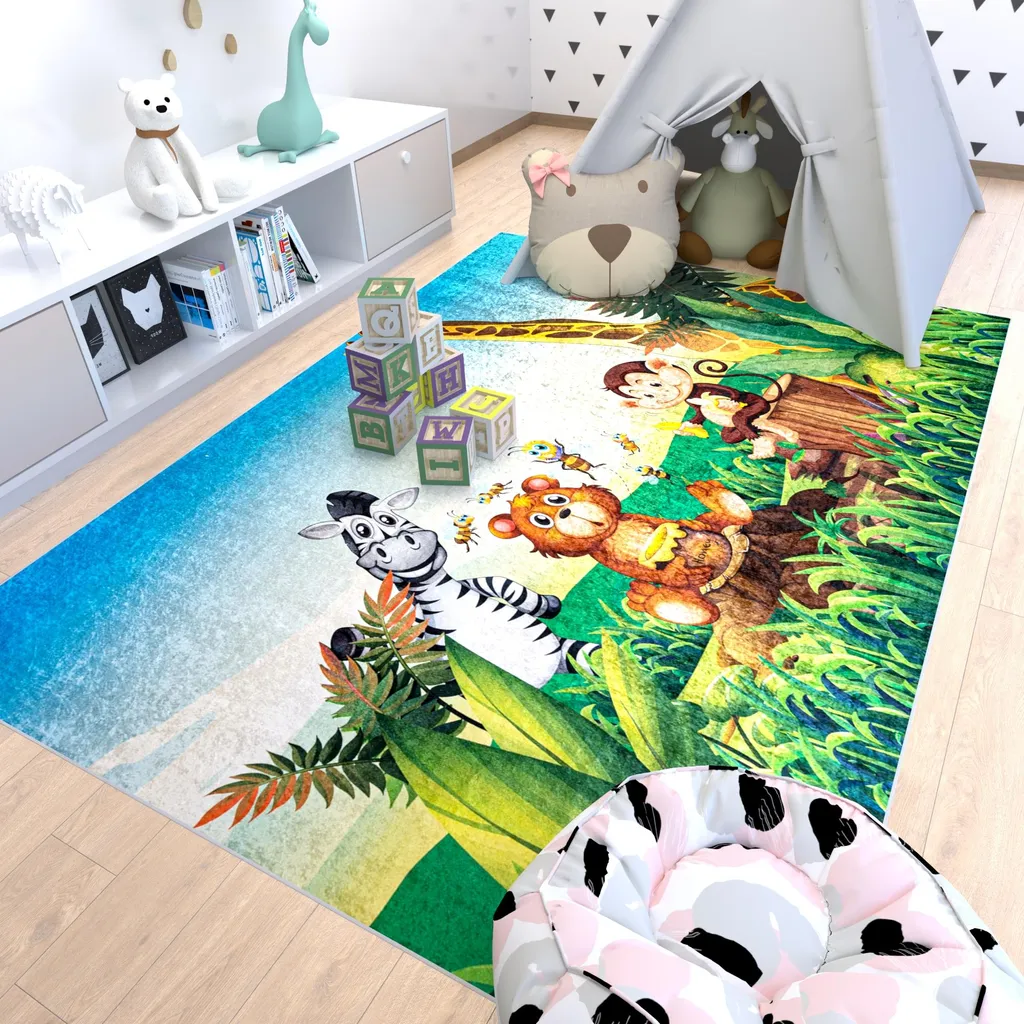 Tapis Mazovia Zoo 120x170 cm - Tapis enfant vert lavable à poils courts