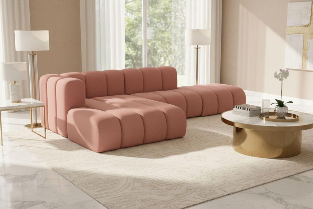 Kaiser Möbel Ecksofa L-Form mit Hocker, Grand Mini, Stoff Salvador, Rosa, Links