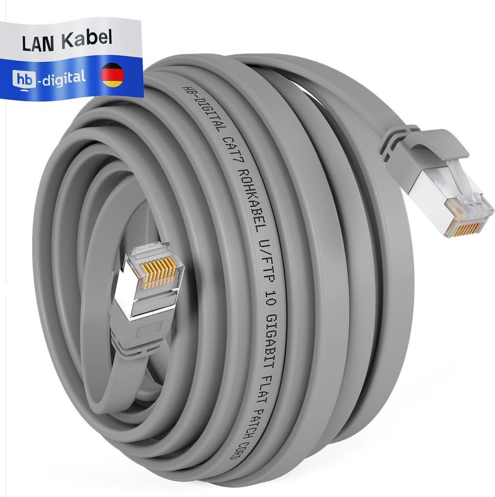 hb-digital Patch Kabel 15m LAN Kabel Cat7 Netzwerk Kabel cat 7 flach RJ45 Kupfer bis zu 10 Gbit/s U/FTP PVC grau