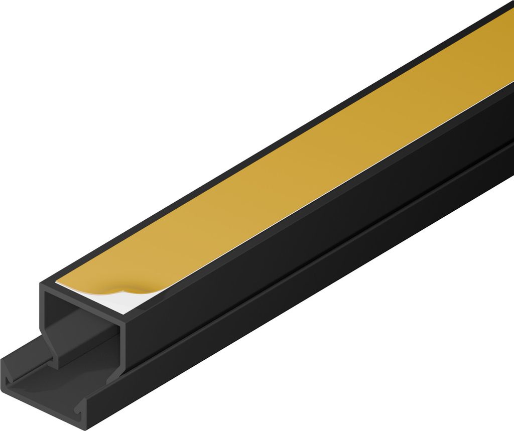 A product shot of a black cable channel with a gold adhesive strip.