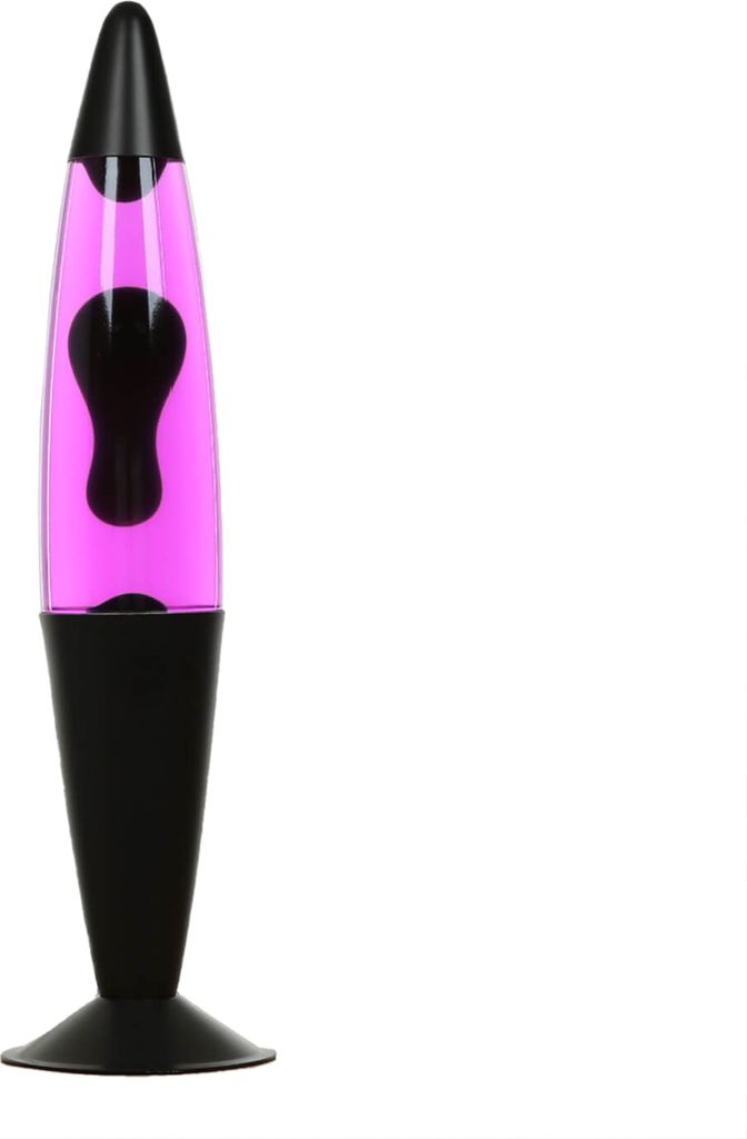 A lava lamp with pink liquid and black blobs, on a white background.
