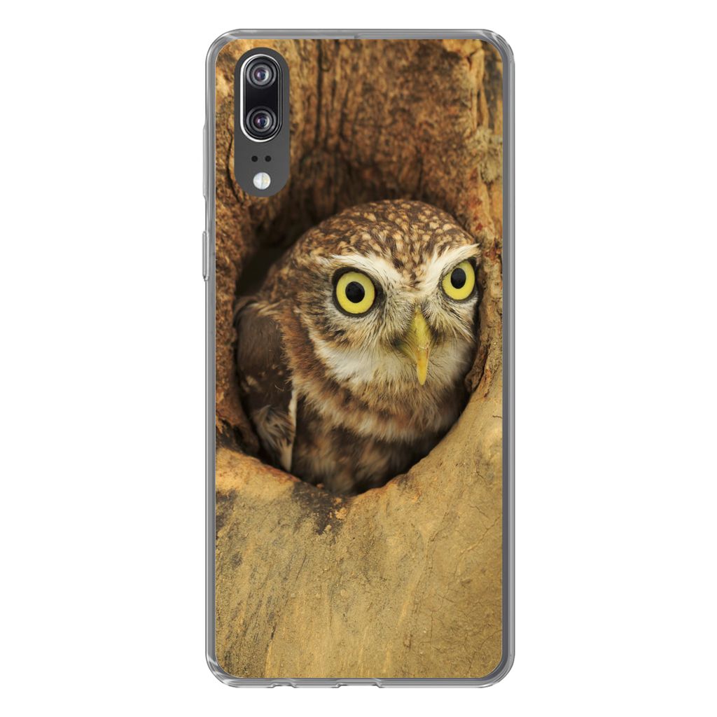 MuchoWow Handyhülle Schutzhülle Hülle für Huawei P20 Braune Eule, die aus einem Loch in einem Baum schaut Silikon Softcase Handy Hülle - Har...