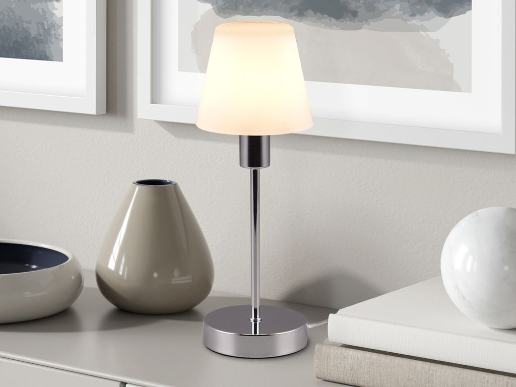 Tischleuchte Chrom glänzend Glasschirm Weiß Höhe 32cm