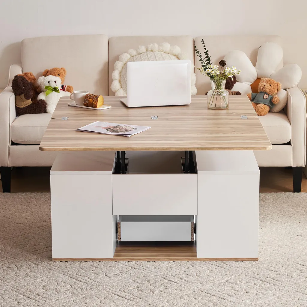 Table Basse Transformable à Double Plateau et Rangement 2 Tiroirs Intégrés - 3