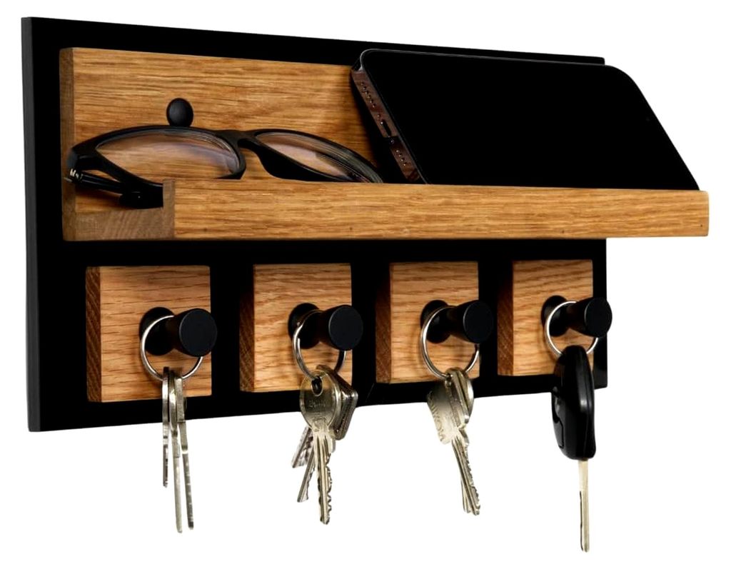 Schlüsselbrett mit Ablage - Hochglanz Holz für stilvolle Schlüsselaufbewahrung, schwarzer Schlüsselhalter für Zuhause oder Büro, praktisch un...