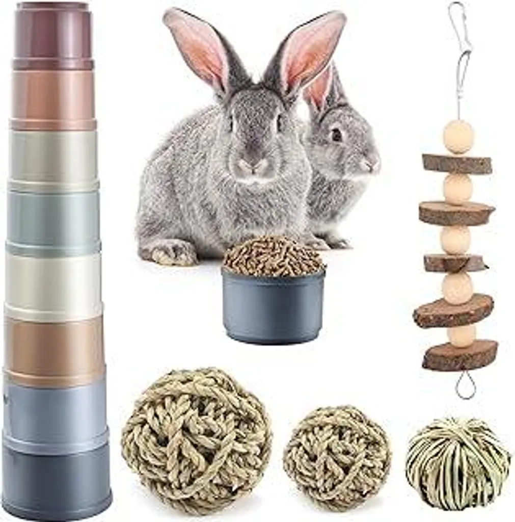Set di 12 giocattoli per conigli con 8 tazze impilabili a forma di coniglio, 3 palline di erba intrecciate a mano e 1 ponte a scala in legno. Sicuro e atossico per conigli e piccoli animali, per nascondere il cibo e giocare. - 1
