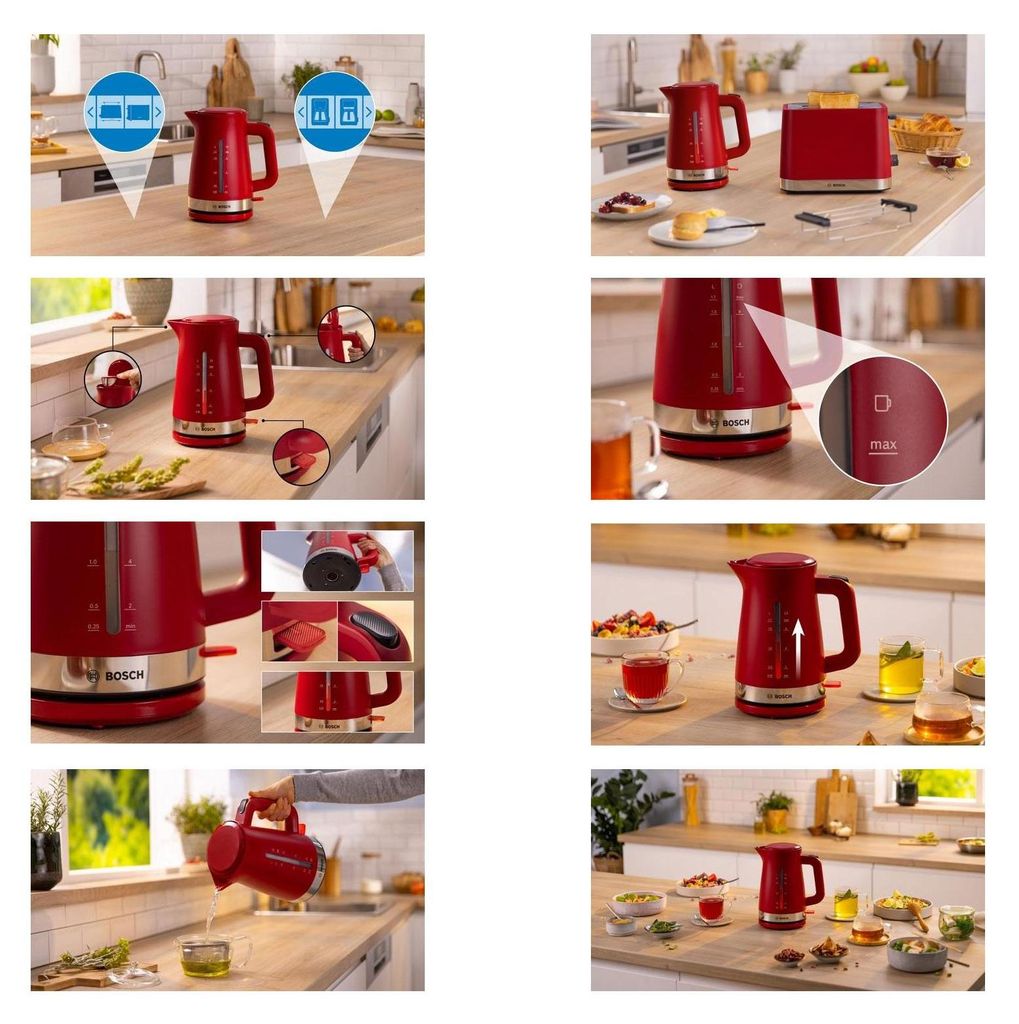A collage of images showing a red Bosch kettle and related accessories in a kitchen setting.