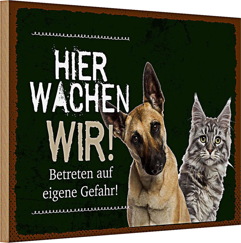 Holzschild Spruch 30x20cm Hund Katze hier wachen wir schwarzes Schild