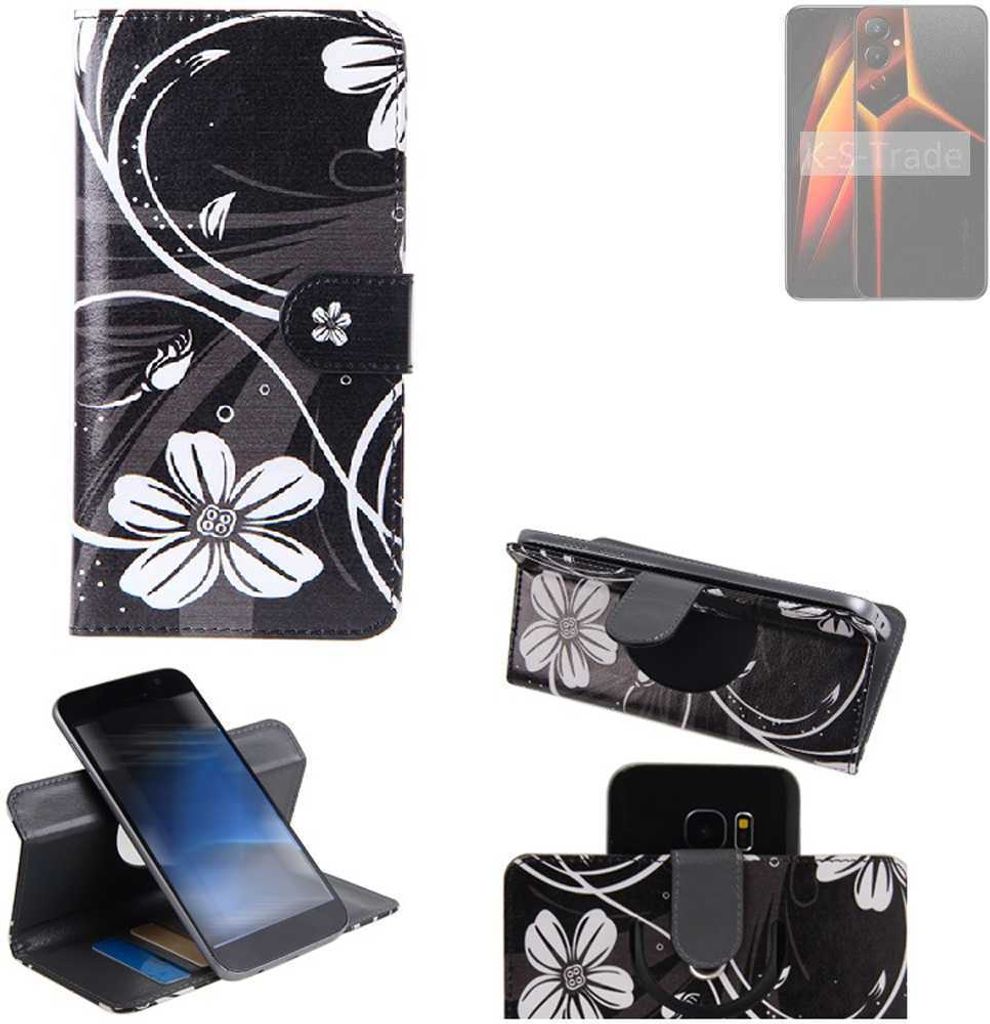 K-S-Trade Schutzhülle Handyhülle kompatibel mit Tecno Pova 4 Pro Hülle 360° Wallet Case “Flowers“ Klapphülle Hülle schwarz-weiß 1x