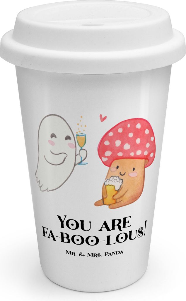 Mr. & Mrs. Panda Thermobecher Halloween Zauber - Weiß - Geschenk, Dankbarkeit, ToGo Kaffeebecher, Familie, Mehrwegbecher, Feiertag, To Go, gruseli...