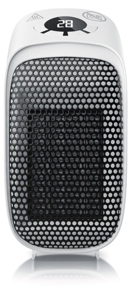 A white electric heater with a black grille and a digital display showing '28'.