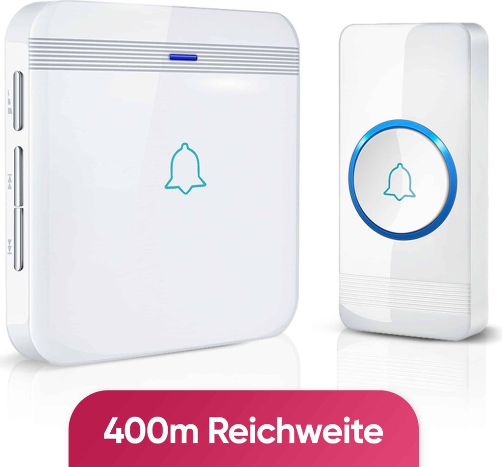 AVANTEK Funk-Türklingel mit 1 Empfänger - Weiß - Reichweite 400 Meter - Wasserdicht - Batteriefrei - 52 Melodien