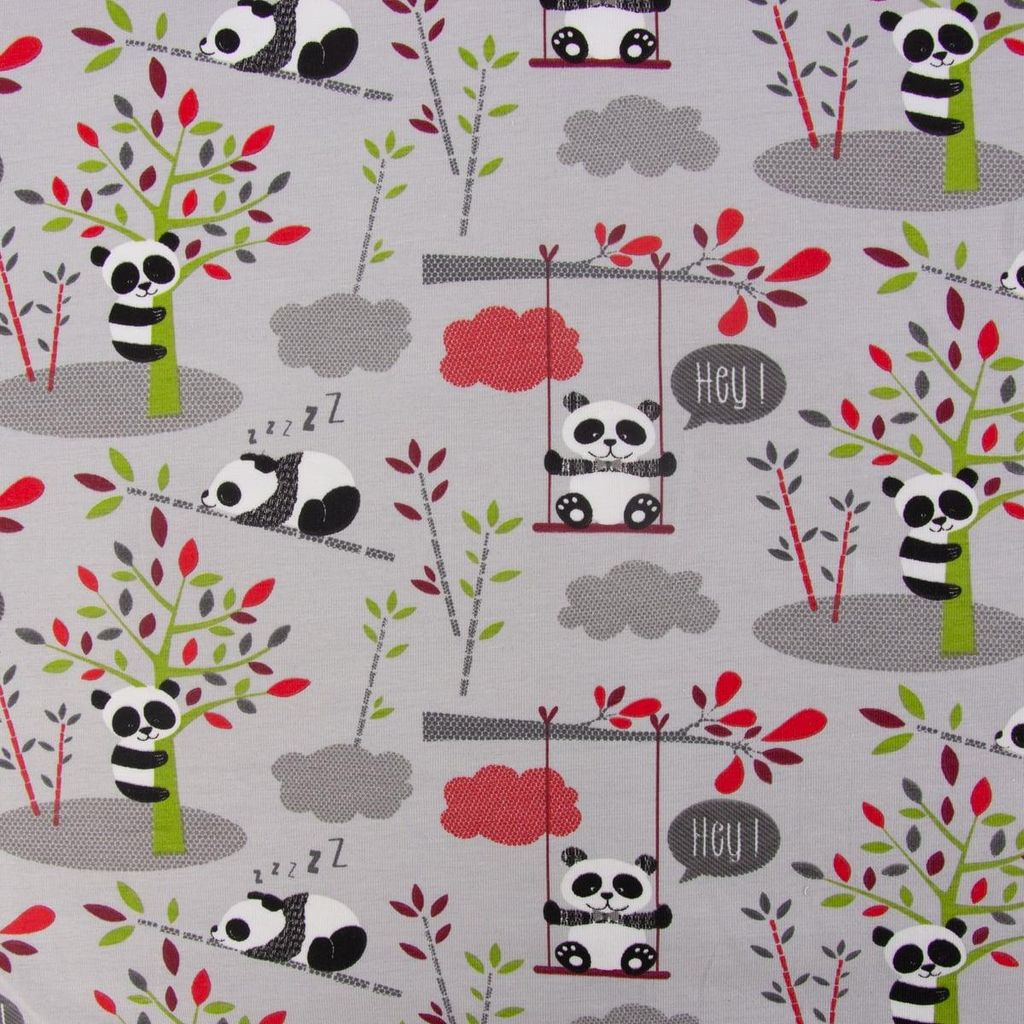 Baumwolljersey Stoff Meterware Pandas Schaukel grau grün rot 1,65m