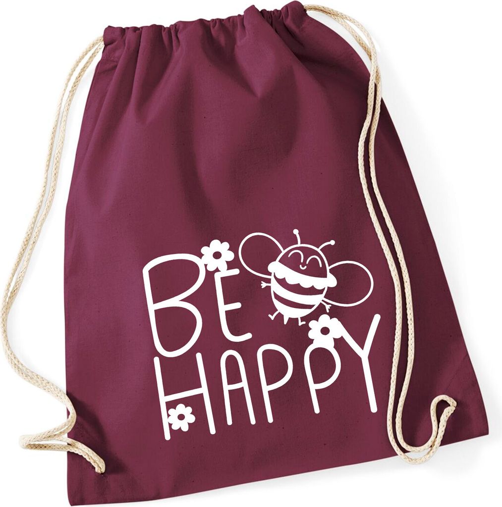 Huuraa Turnbeutel Be Happy Biene 12 Liter Burgundy Baumwolle Rucksack Geschenkidee