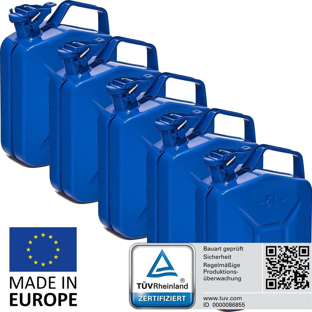 BW Kraftstoffkanister Metall Benzinkanister 5x 5 Liter - Blau RAL 5005 - UN-Zulassung - Hergestellt in Europa
