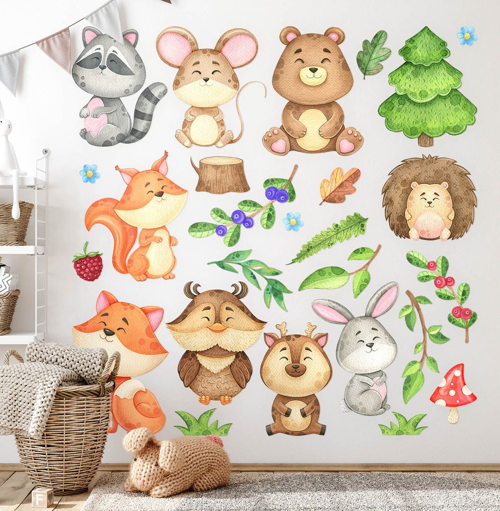 Niedliche Tiere – Wandgestaltung – Wandbilder Kinder – Motivtapeten Set – Wanddekor Kinderzimmer – Selbstklebende Wandsticker – 100x107 cm