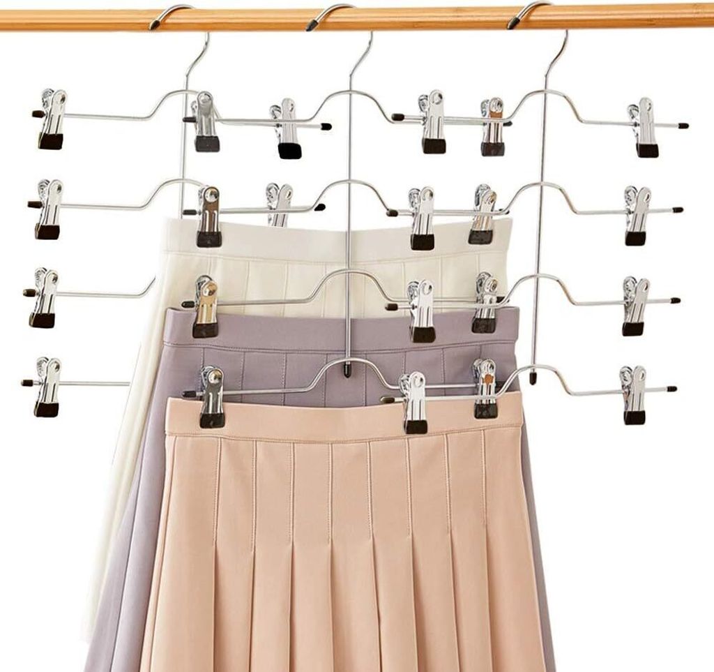 Hosenbügel Platzsparend – Mehrfach-Rockbügel mit Clips, 2er Set, Metall Kleiderbügel für je 4 Hosen/Röcke, Rutschfest