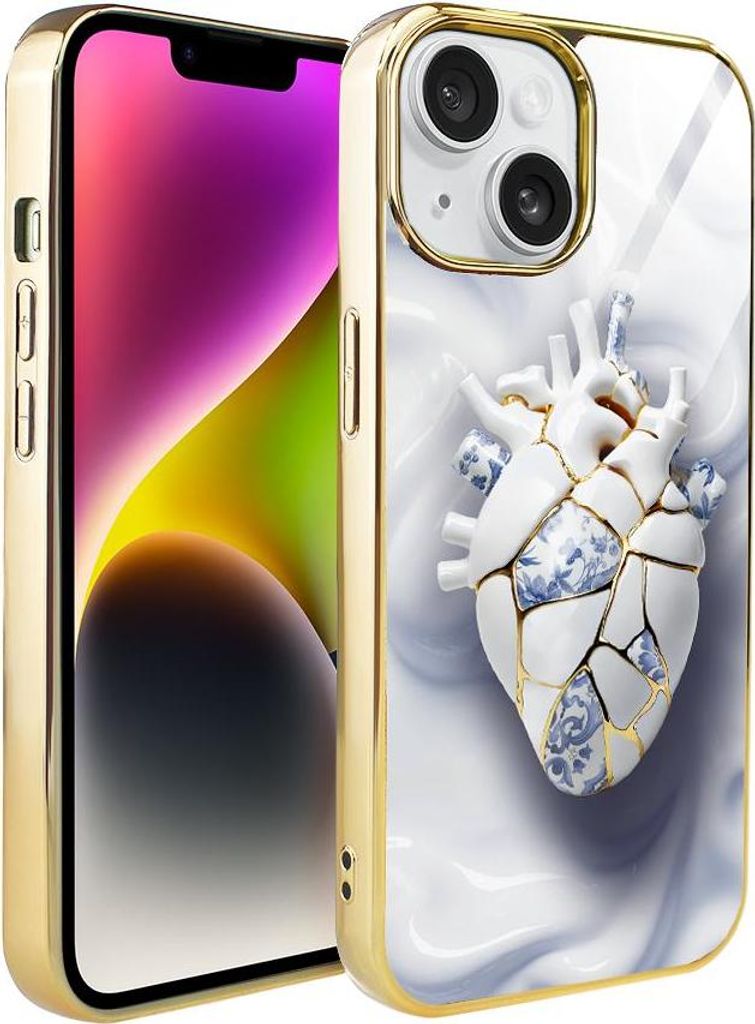 IBIZU Elite Glass iPhone 14 Hülle, Glasrückseite, Kintsugi Art, Porzellanherz, Gold
