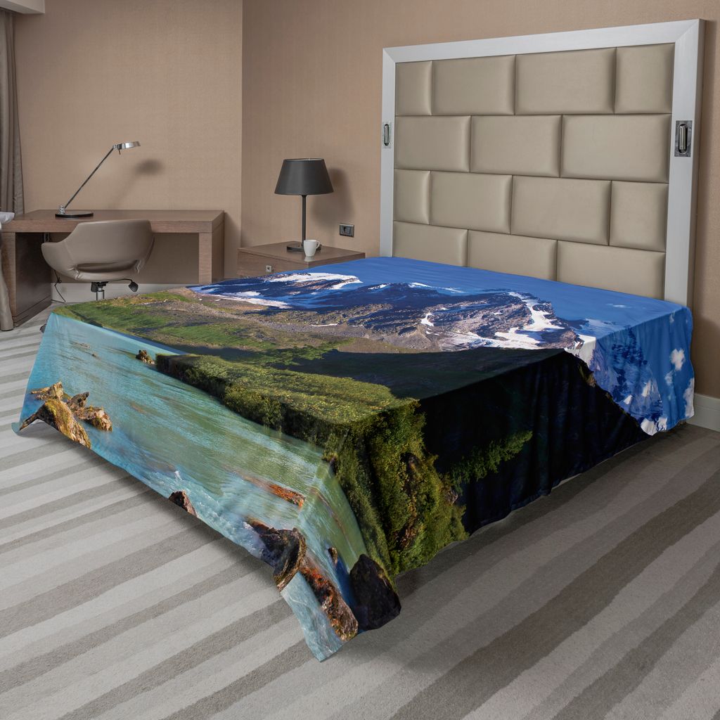 ABAKUHAUS Landschaft Bettlaken, Schnee Mountaintop Geschäftigen Fluss Pinien Bäume Wolken Sträucher, weiches bequemes oberes Bettlaken für ein ...