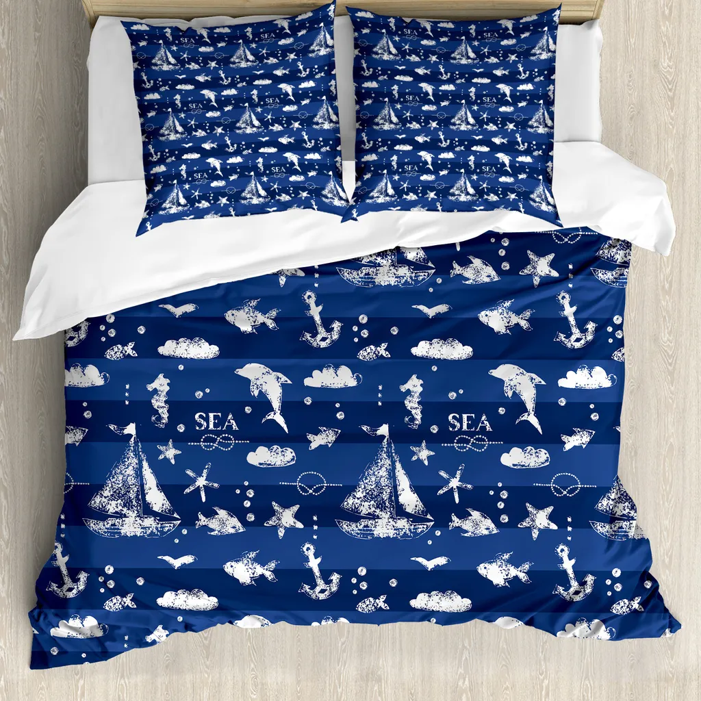 Housse de couette anti-acariens 200x200 cm motif marin bleu et blanc