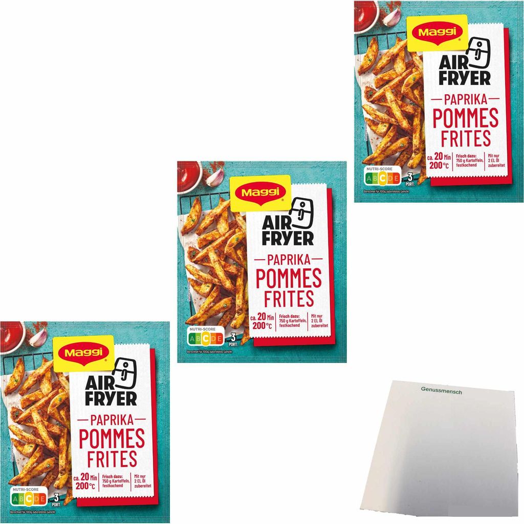 Maggi Air Fryer Paprika Pommes Frites Fix Gewürzmischung 3er Pack (3x34g Packung) + usy Block