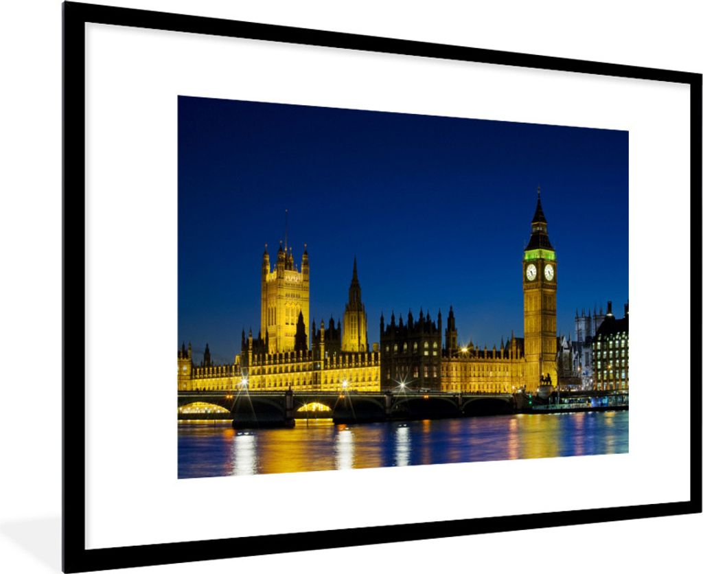 MuchoWow Gerahmtes Poster Big Ben beleuchtet am Abend in London 90x60 cm - Poster mit Schwarzem Bilderrahmen Wandposter Rahmen Foto Bilder - Wand...