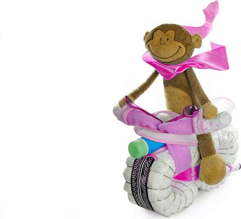 Windeltorte Motorrad ROCKSTAR + Fahrer Schlenkeraffe rosa