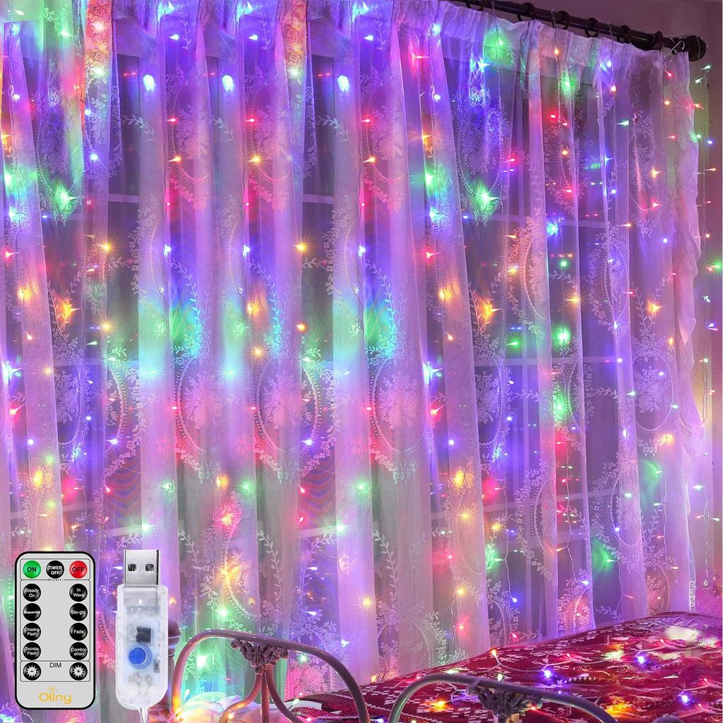 3x3M LED Lichterkette Innen 8 Lichtmodi Lichtervorhang USB mit Fernbedienung für Wand Hochzeit Geburtstag Party Weihnachten Deco, Bunt
