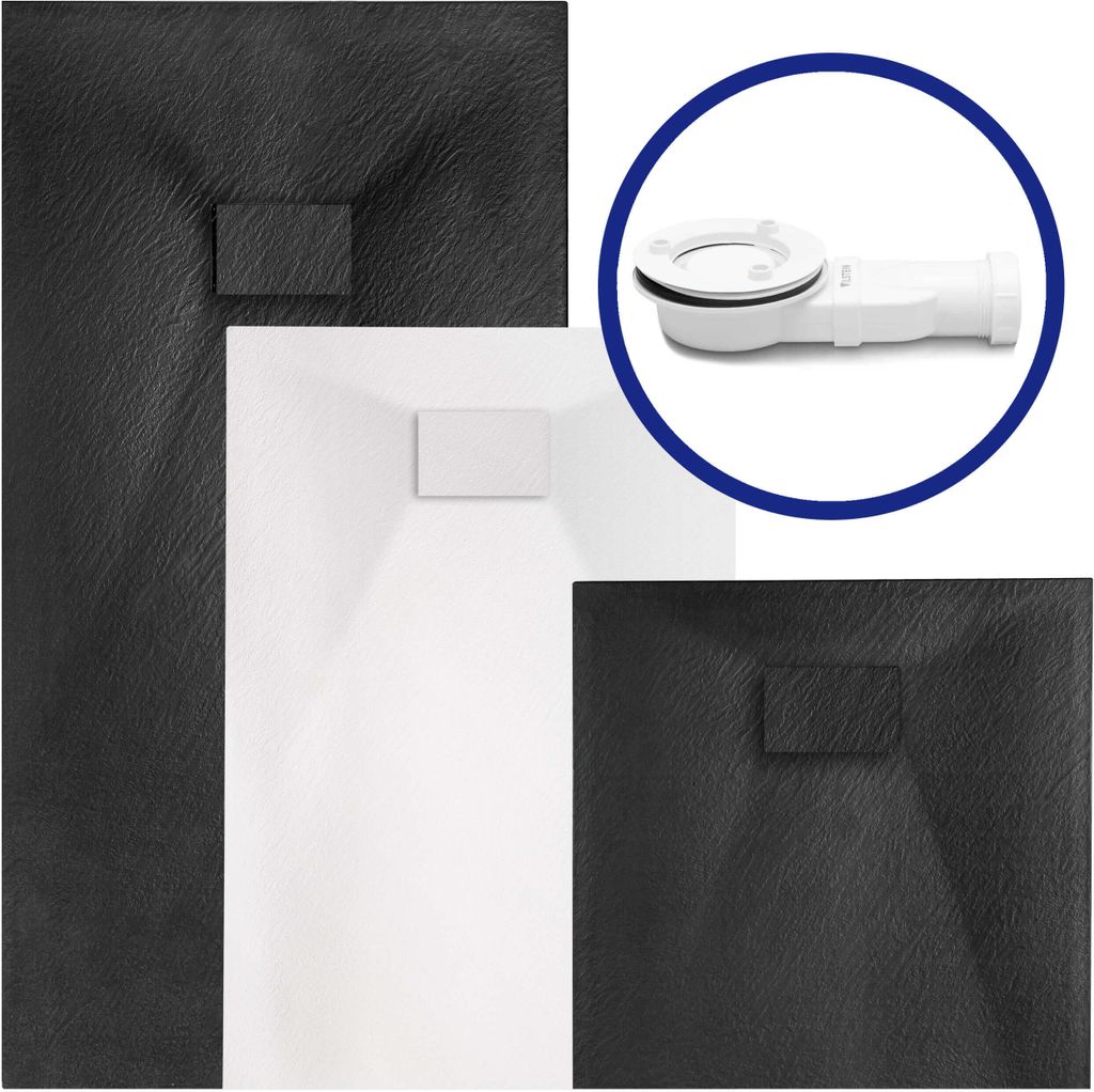 VILSTEIN Duschwanne 80x80 cm | Steinoptik, Schieferoptik | Design Duschtasse | Flach, Antirutsch | Schwarz | inkl. Standard Abdeckung & Siphon