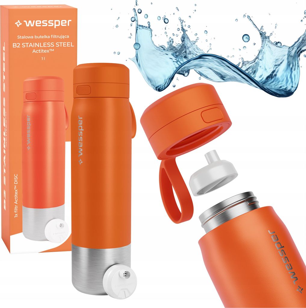 Trinkflasche Wessper 1000ml, Edelstahl Wasserfilter Verschluss BPA-frei, Orange