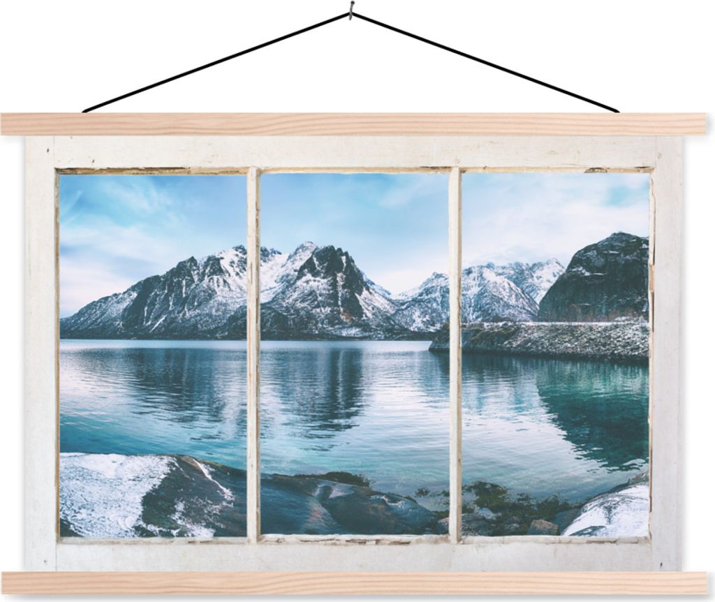 MuchoWow Textilposter Aussicht - Berge - Winter 120x80 cm mit holzfarbenen Rahmen - Aufhängeset