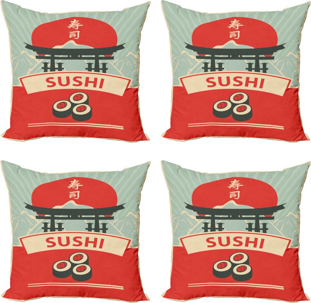 ABAKUHAUS Sushi Kissenbezug Set (4 Stück), Torii-Tor Sushi Berge, Moderner Doppelseitiger Digitaldruck, 40 cm x 40 cm, Mehrfarbig
