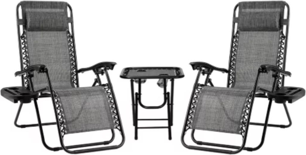 Opvouwbare Zero Gravity Garten-Liegestuhl-Set – 2 Stück mit Klapptisch, Kissen & Becherhalter – Verstellbar 0°-160° – Stahl/Tesslin – Grau