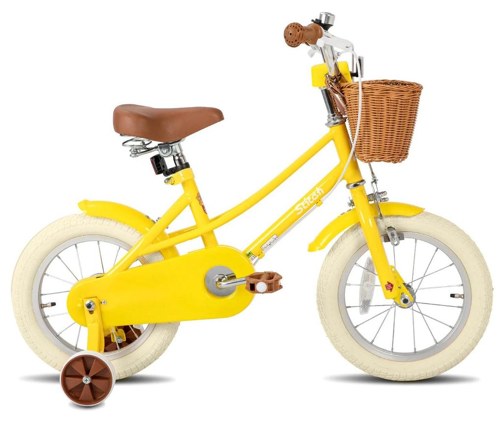 Kinderfahrrad für Mädchen - 36 cm (14 Zoll) - Mit Stützrädern - Korb vorne - Schutzbleche - Gelb