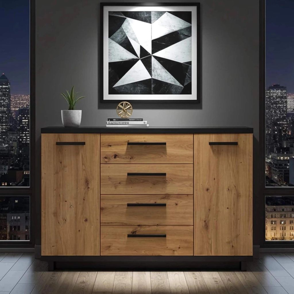 Dressoir Ines, 135 cm, met houtlook en zwarte details – 2 Productafbeelding 