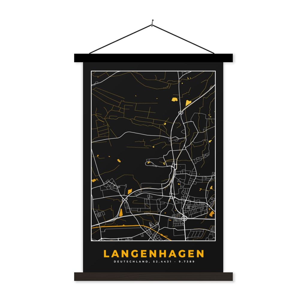 MuchoWow Textilposter Schwarz und Gold - Stadtplan - Langenhagen - Deutschland - Karte 60x90 cm mit schwarzem Rahmen - Poster Wohnzimmer