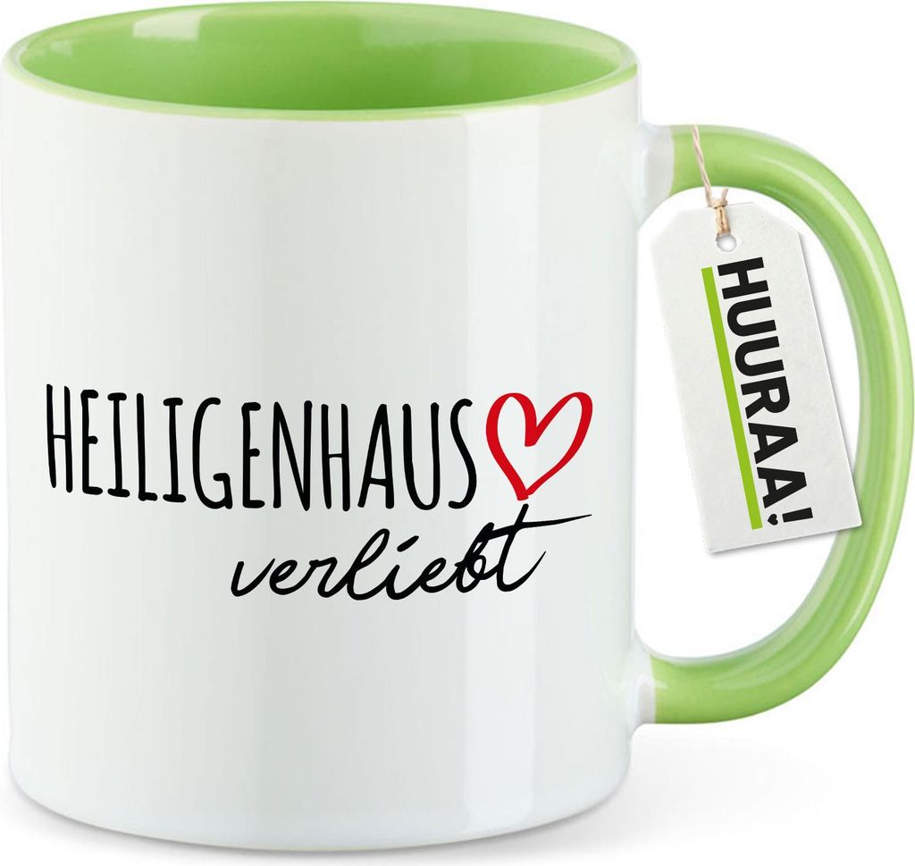 Huuraa Kaffeetasse Heiligenhaus verliebt 330ml Grün Keramik Kaffeebecher Geschenkidee