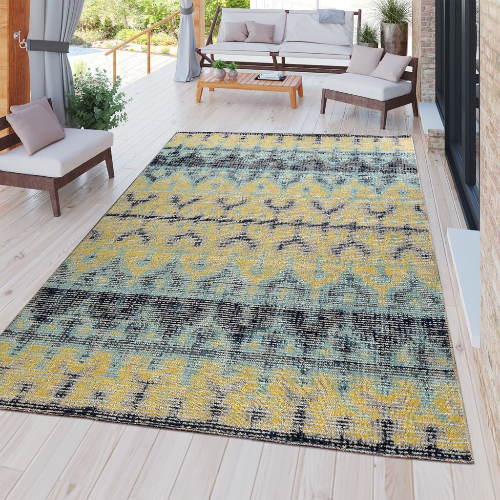 TT Home Moderner Outdoor Teppich Wetterfest Innen & Außenbereich Ethno Design In Blau Größe 120x170 cm