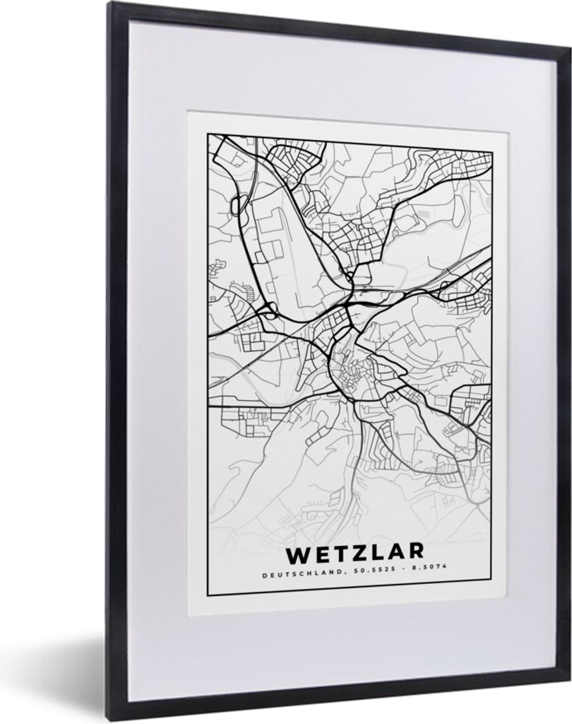MuchoWow Gerahmtes Poster Wetzlar - Karte - Stadtplan 30x40 cm - Poster mit Schwarzem Bilderrahmen Wandposter Rahmen Foto Bilder - Wandposter Sch...