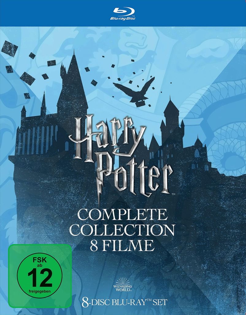 The image shows the Blu-ray packaging for the Harry Potter Complete Collection, featuring Hogwarts Castle and a bird in flight.