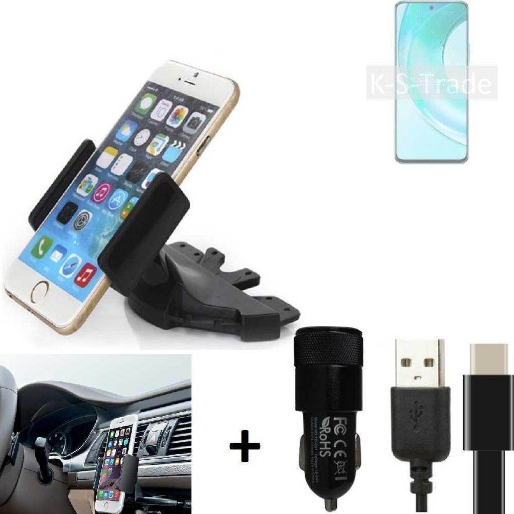 K-S-Trade CD Schlitz Handy-Halterung kompatibel mit Wiko T50 Autohalterung KFZ-Halter Radio Handy Halterung 360° drehbar CD-Schacht inkl. USB-C