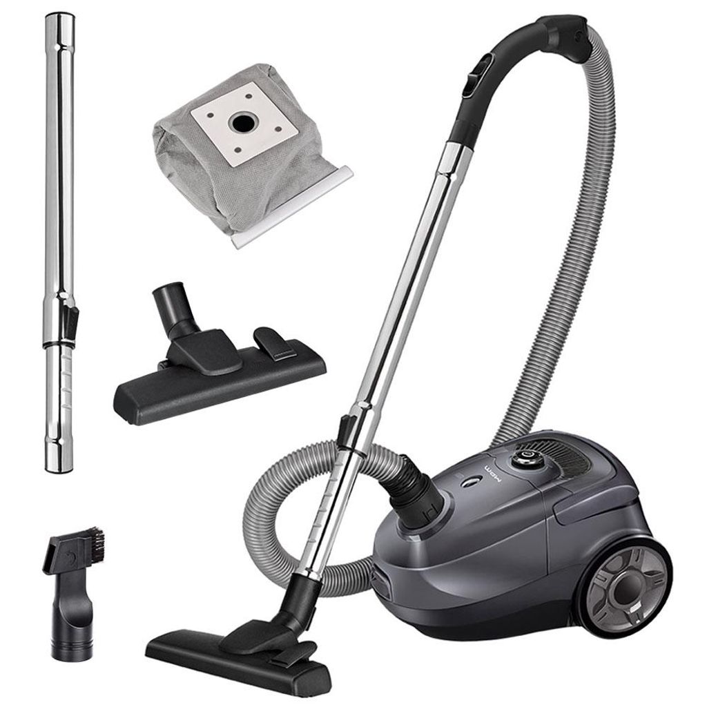 A vacuum cleaner and its accessories are displayed against a white background.