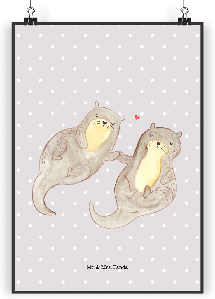 Mr. & Mrs. Panda Bild Otter Hände halten DIN A4 - Grau Pastell - Geschenk, drucke, Wandbild, Romantisch, Kunstdruck, Seeotter, glücklich, Verlieb...