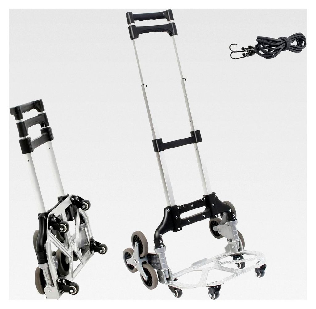 Zusammenklappbare Sackkarre aus Aluminium mit 10 Rädern, Höhenverstellung und Dehnseilen, Traglast 80 kg