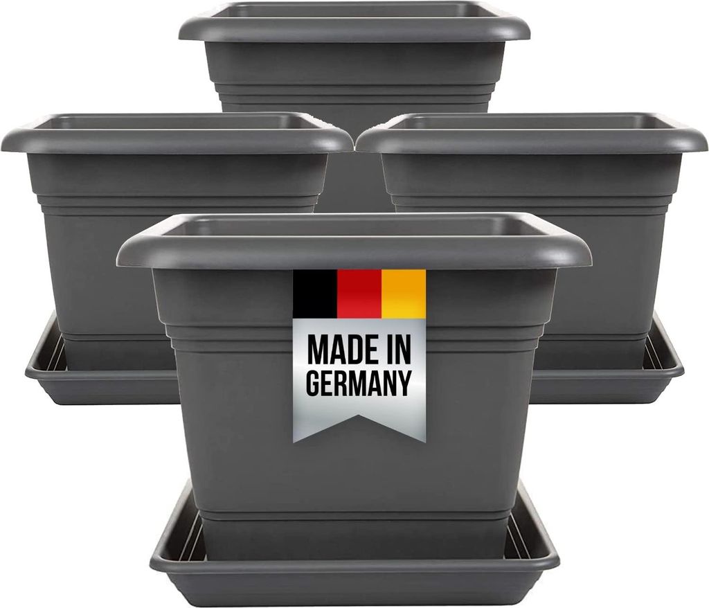 Große anthrazit Pflanzkübel mit Untersetzer, wetterfest & robust, 4er-Set, 48cm