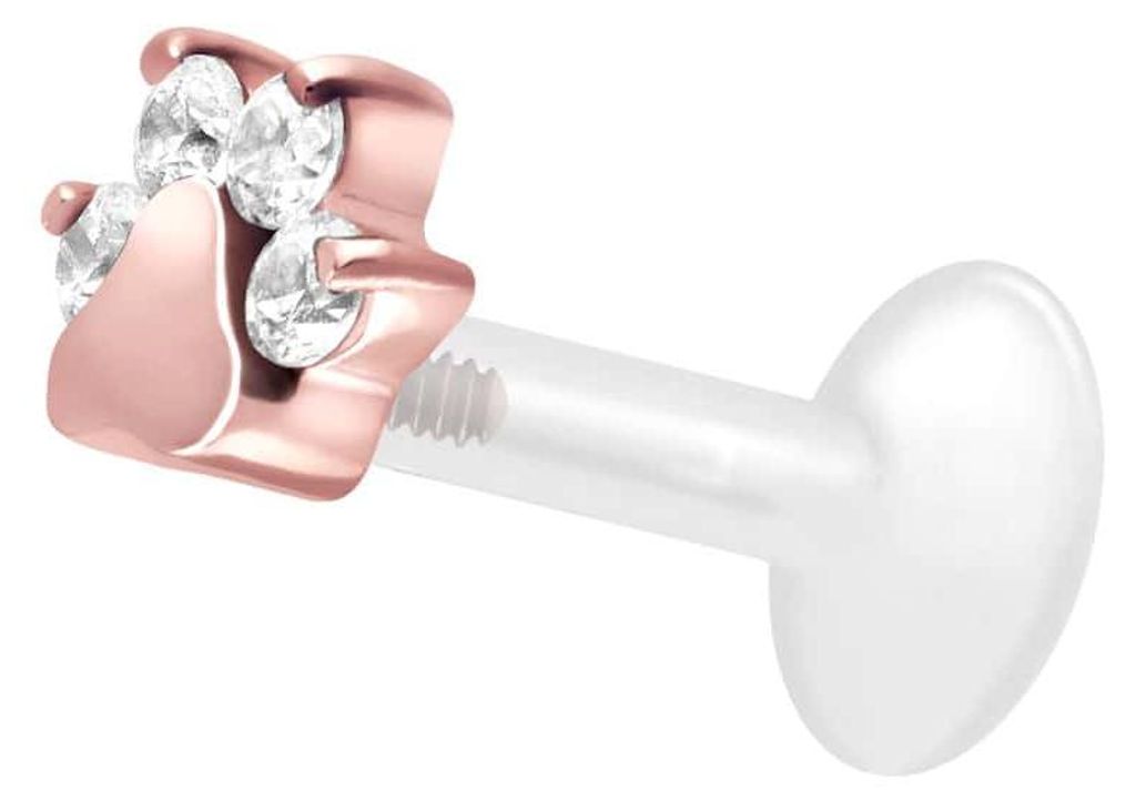 Ohrpiercing, Nasenpiercing PTFE Labret mit Innengewinde + Titan-Aufsatz KRISTALLPFOTE RoséGold Stablänge: 6mm | Stabstärke: 1,6mm