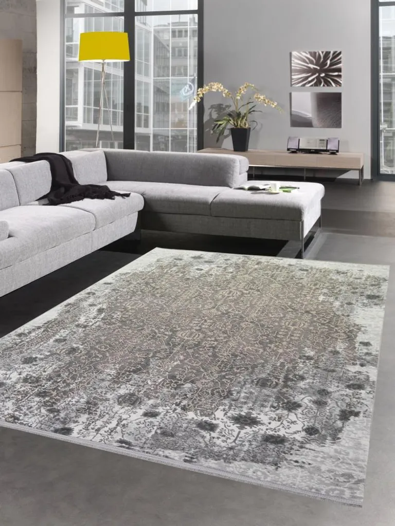 Grand Tapis de Salon Gris Effet Vieilli Vintage et Franges - 80x150 cm