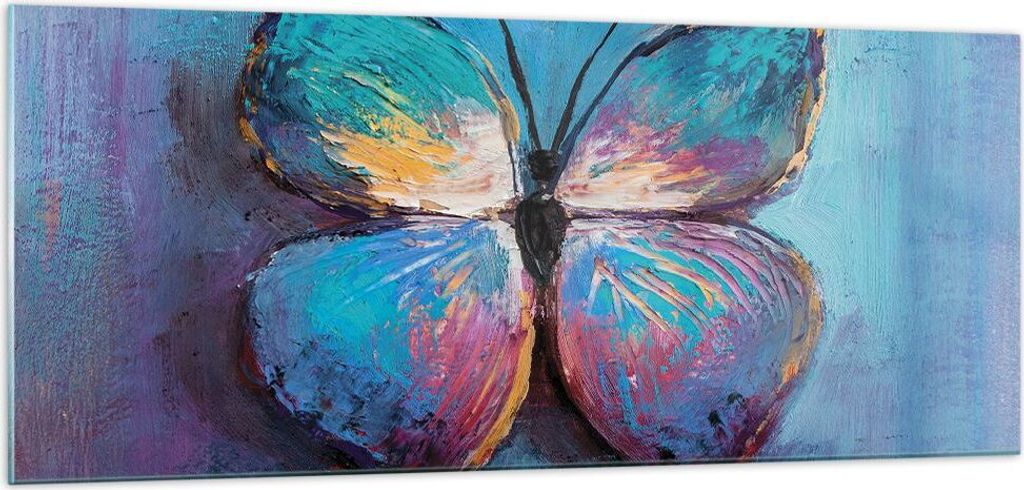 Bilder auf glas - Einteilig - Handschriftlich Schmetterling Blau - 100x40cm - Glasbilder - Wandbilder - Bilder - Wanddekoration aus Glas - Glas Bil...